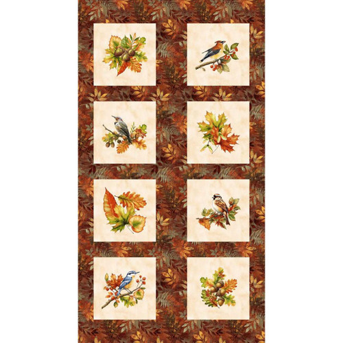 Henry Glass Fabrics Oak and Berries Jan Mott Bird Blocks Autumn Multi, a quilt design featuring bird illustrations and fall leaves on a warm, autumn-themed background.