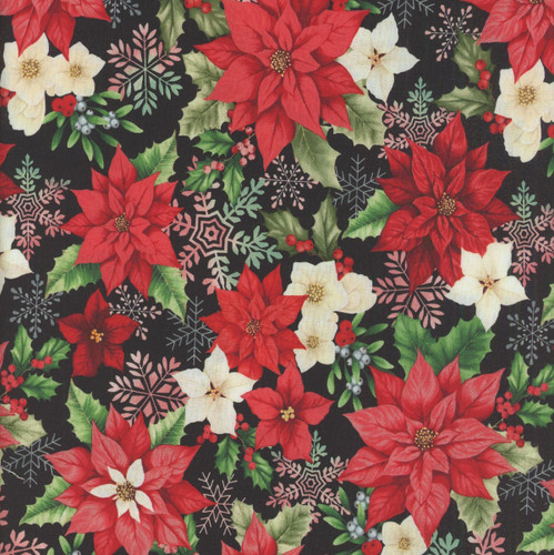 Henry Glass Fabrics Sweet Christmas Memories Color Principle Small Poinsettia and Mistletoe Black