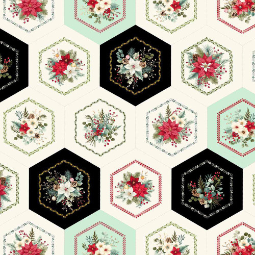 Henry Glass Fabrics Sweet Christmas Memories Color Principle Hexie Flower Cheater Cream
