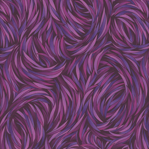 Studio E Fabrics Tempest Swirls 108 Inch Wide Quilt Backing Pansy Purple, fabric with a swirling pattern of purple, violet, and black colors resembling swirling leaves or petals.