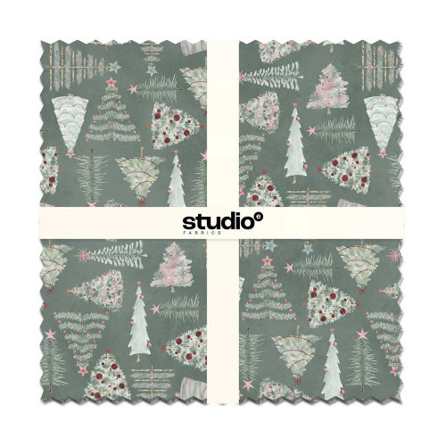 Studio E Fabrics Michelle Austin Layer Cake Ten Inch, holiday-themed fabric with Christmas trees, ornaments, and festive foliage on a muted green background.