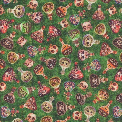 Quilting Treasures Fabrics A Haunting We Will Go Dan Morris Green Skulls and Potions, fabric with colorful skull bottles and potion shapes on a green background.