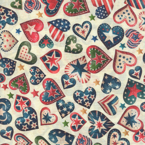 Quilting Treasures Fabrics All American Snowman Dan Morris Cream Red Blue Americana Hearts