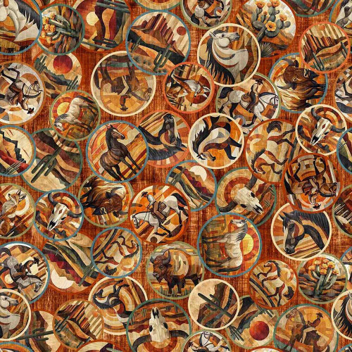 Quilting Treasures Fabrics Canyonlands Dan Morris Brown Horse Scene Circles, fabric with cowboy and horse illustrations in circular frames in warm earth tones.