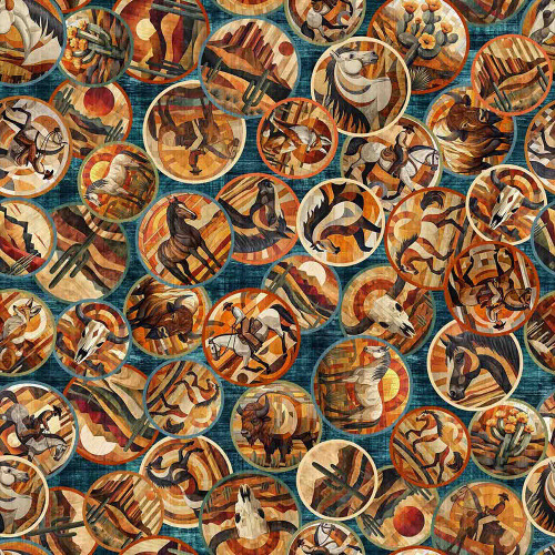 Quilting Treasures Fabrics Canyonlands Dan Morris Teal Blue Horse Scene Circles