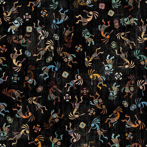 Quilting Treasures Fabrics Canyonlands Dan Morris Black Kokopelli, fabric featuring colorful Kokopelli figures and geometric patterns on a black background, ideal for quilting and craft projects.