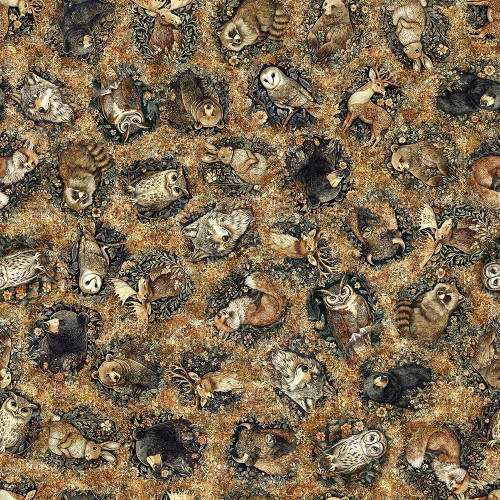 Quilting Treasures Fabrics Cedar and Sage Dan Morris Brown Forest Animals, detailed fabric pattern featuring woodland animals such as owls, foxes, raccoons, deer, bears, and owls among foliage and flowers in earthy tones.