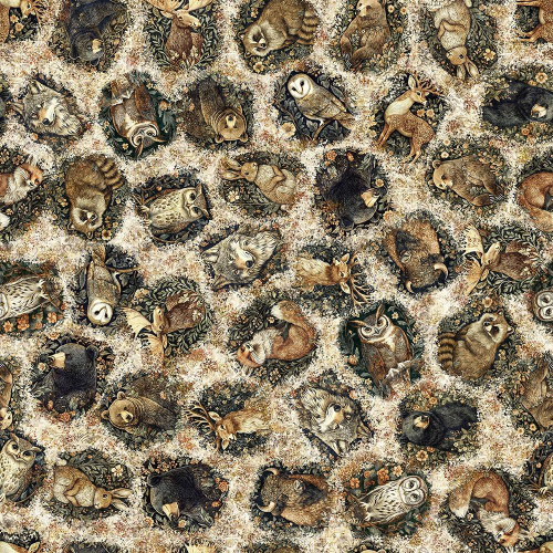 Quilting Treasures Fabrics Cedar and Sage Dan Morris Cream Forest Animals, detailed fabric featuring various forest animals surrounded by floral design.