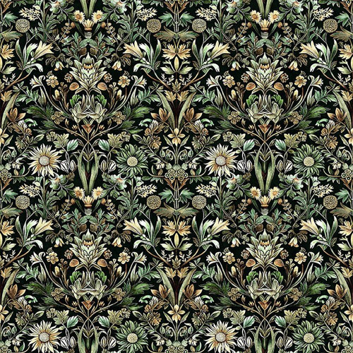 Quilting Treasures Fabrics Cedar and Sage Dan Morris Green Woodland Floral, detailed fabric with a black background featuring floral and foliage patterns in shades of green, beige, and white.