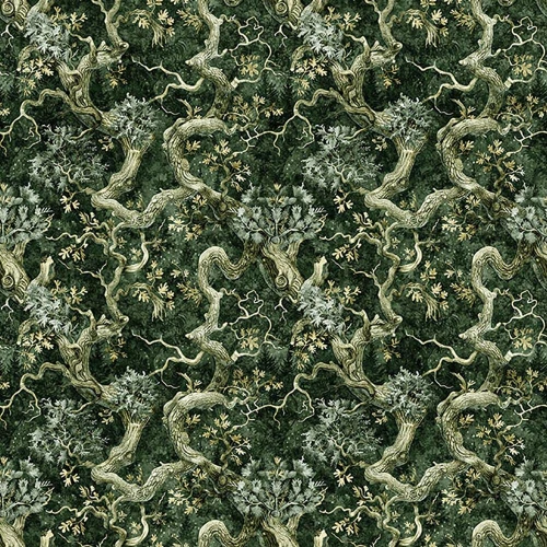Quilting Treasures Fabrics Cedar and Sage Dan Morris Green Branches Leaves, detailed fabric pattern featuring twisting cedar trees and leafy branches in shades of green and grey.