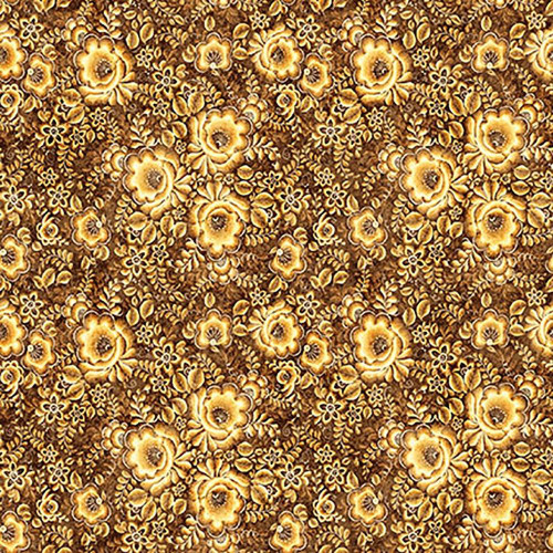 Quilting Treasures Fabrics Cedar and Sage Dan Morris Gold Yellow Woodcut Floral, intricate woodcut floral pattern in gold and yellow hues.