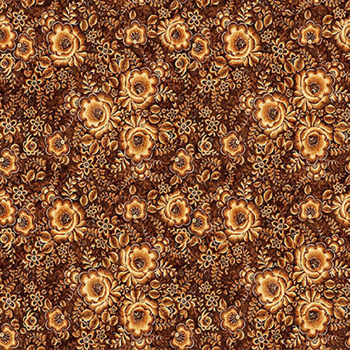 Quilting Treasures Fabrics Cedar and Sage Dan Morris Brown Woodcut Floral, a detailed floral fabric pattern in warm brown and tan tones.