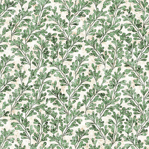 Quilting Treasures Fabrics Cedar and Sage Dan Morris Green Leaf Boughs, fabric pattern featuring green leafy branches on a beige background.