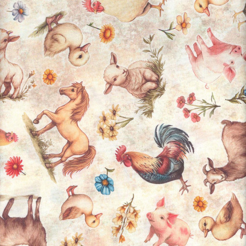 Quilting Treasures Fabrics Lil Farmers Dan Morris Cream Farm Animals and Babies, fabric with illustrations of farm animals and babies surrounded by colorful flowers.