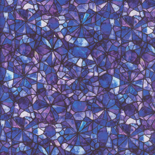 Quilting Treasures Fabrics Lumenique Dan Morris Lapis Blue Stained Glass Texture, intricate stained glass-inspired pattern in shades of blue and purple with black lines simulating stained glass.