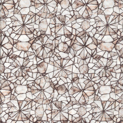Quilting Treasures Fabrics Lumenique Dan Morris Grey Stained Glass Texture, intricate stained glass pattern in shades of grey and brown with bold black outlines.