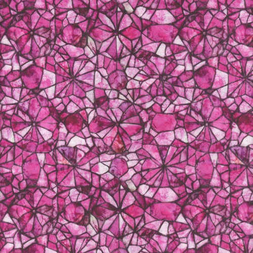 Quilting Treasures Fabrics Lumenique Dan Morris Hot Pink Stained Glass Texture, vibrant stained glass pattern with pink and purple hues separated by black outlines.