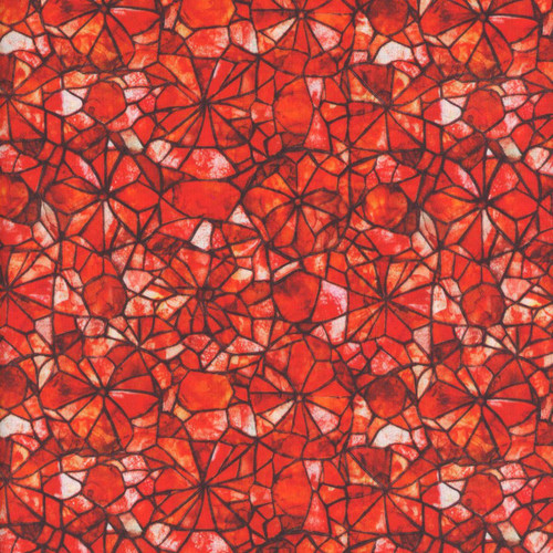 Quilting Treasures Fabrics Lumenique Dan Morris Tomato Red Stained Glass Texture, a fabric with a vibrant stained glass pattern in shades of red and orange, featuring black outlines resembling stained glass design.
