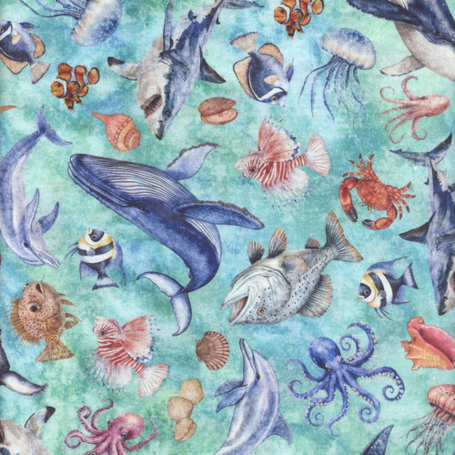Quilting Treasures Fabrics Nauticus Dan Morris Teal Blue Fish and Ocean Creatures
