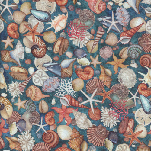 Quilting Treasures Fabrics Nauticus Dan Morris Teal Blue Sea Shells
