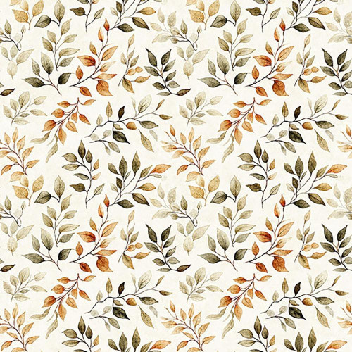 Quilting Treasures Fabrics Pandaland Dan Morris Cream Leaves, a fabric with a pattern of cream-colored leaves in brown, orange, black, and beige shades on a white background.