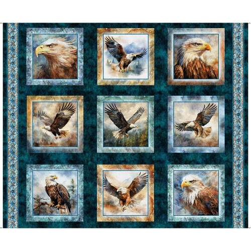 Quilting Treasures Fabrics Skyward Dan Morris Grey Blue Eagle Picture Patches, fabric quilt with nine eagle art patches on a blue background.