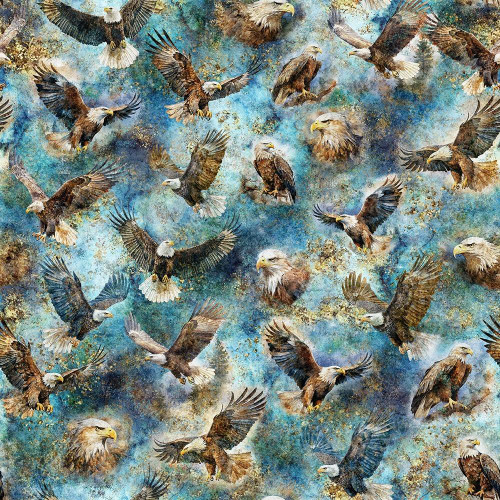 Quilting Treasures Fabrics Skyward Dan Morris Blue Eagles Flying, vibrant fabric with detailed eagle illustrations flying against a colorful, abstract background.