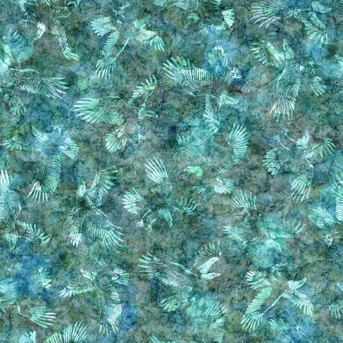 Quilting Treasures Fabrics Skyward Dan Morris Teal Blue Tonal Eagles, fabric with a watercolor-style background and flying eagle outlines in teal and blue shades.