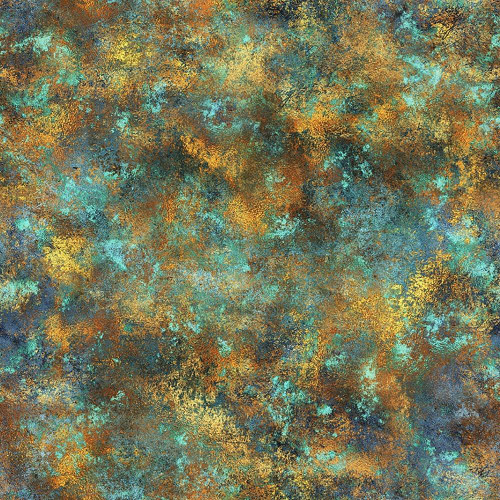 Quilting Treasures Fabrics Skyward Dan Morris Teal Gold Patina Mottle, an abstract multicolor fabric with teal, gold, and brown mottled patterns.
