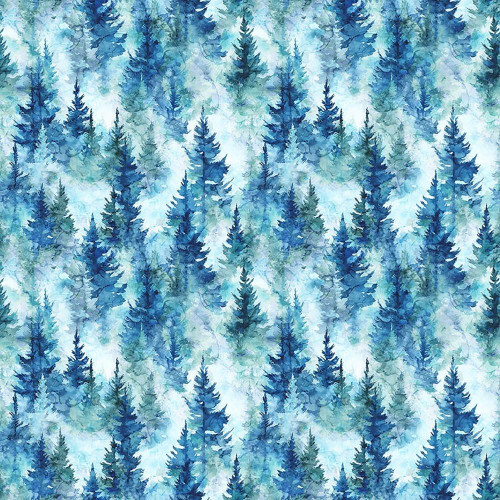 Quilting Treasures Fabrics Skyward Dan Morris Blue Trees, watercolor forest pattern in various shades of blue and green.