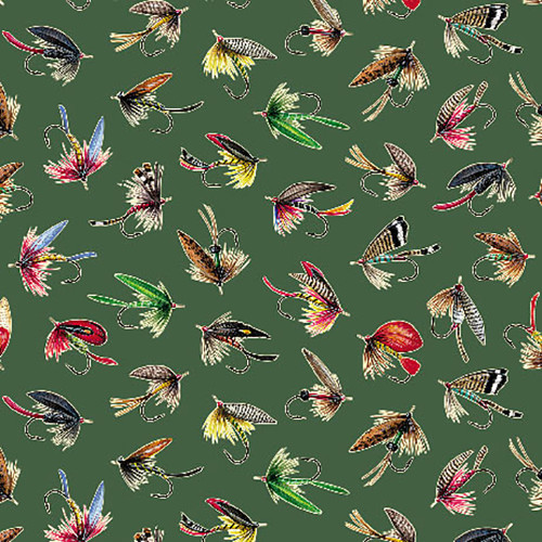 Quilting Treasures Fabrics The Lure of Fishing Dan Morris Green Fishing Flies