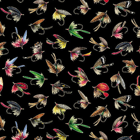 Quilting Treasures Fabrics The Lure of Fishing Dan Morris Black Fishing Flies