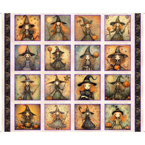 Quilting Treasures Fabrics Witchypoo Dan Morris Cream Witch Picture Patches, whimsical illustrations of a witch with long flowing hair, wearing a pointy hat, and halloween-themed elements like pumpkins, wands, and cats in a vintage art style.