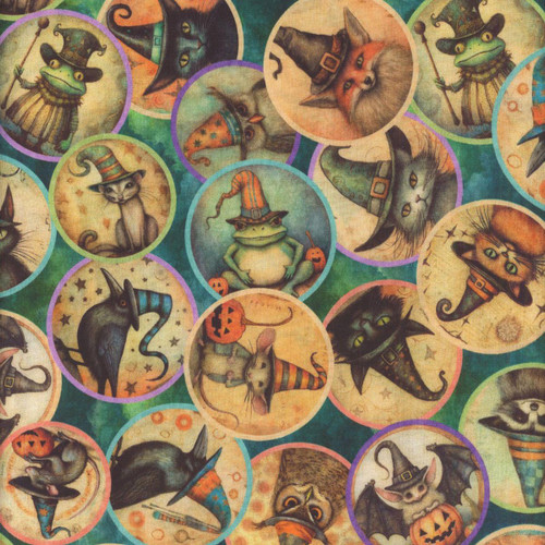 Quilting Treasures Fabrics Witchypoo Dan Morris Teal Blue Animal Witch Bubbles, Halloween-themed fabric featuring cute and spooky animals dressed as witches in colorful circular frames.