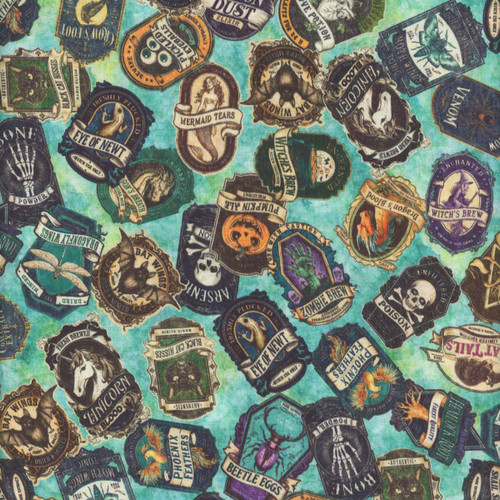 Quilting Treasures Fabrics Witchypoo Dan Morris Aqua Blue Potion Labels, a fabric with various colorful potion label designs on a blue background, featuring labels with magical and spooky themes.