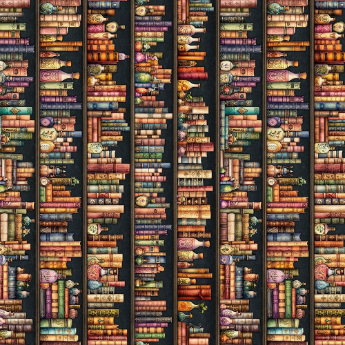 Quilting Treasures Fabrics Witchypoo Dan Morris Potion Bottles Bookshelf Stripe, a detailed image of a fabric pattern featuring potion bottles on shelves with bookshelves stripe design.
