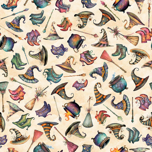 Quilting Treasures Fabrics Witchypoo Dan Morris Cream Witch Hats Shoes Broomsticks