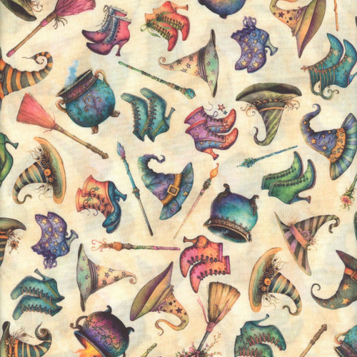 Quilting Treasures Fabrics Witchypoo Dan Morris Cream Witch Hats Shoes Broomsticks