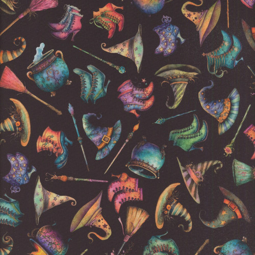 Quilting Treasures Fabrics Witchypoo Dan Morris Grey Witch Hats Shoes Broomsticks