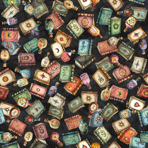 Quilting Treasures Fabrics Witchypoo Dan Morris Black Grey Books of Spells Potions