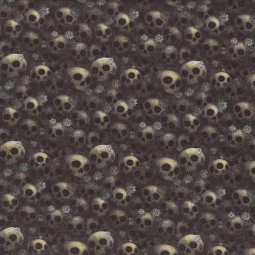 Quilting Treasures Fabrics Witchypoo Dan Morris Black Grey Skulls, fabric with a pattern of black and yellow skulls and white daisies.