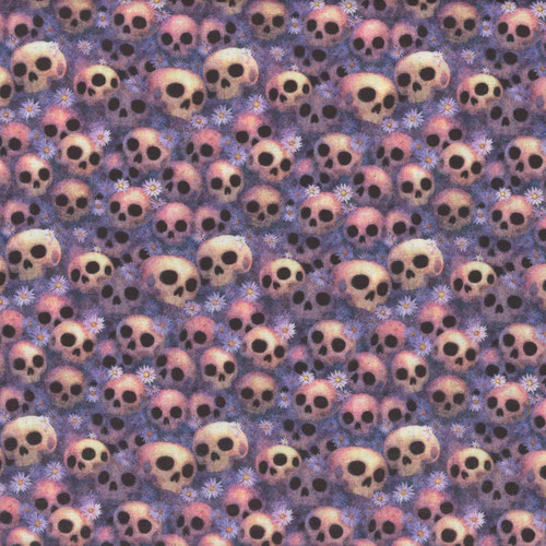 Quilting Treasures Fabrics Witchypoo Dan Morris Purple Skulls, fabric featuring a pattern of purple and pink skulls with daisies.