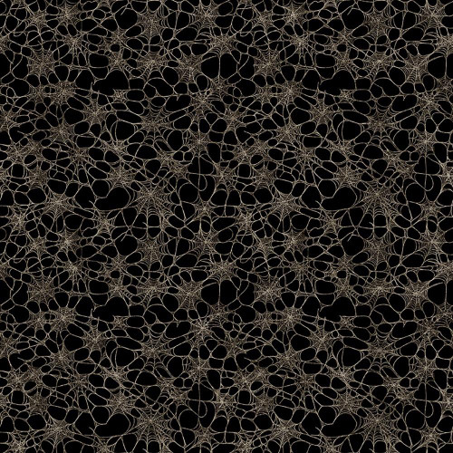 Quilting Treasures Fabrics Witchypoo Dan Morris Black Grey Spider Webs, fabric with a pattern of detailed grey spider webs on a black background.