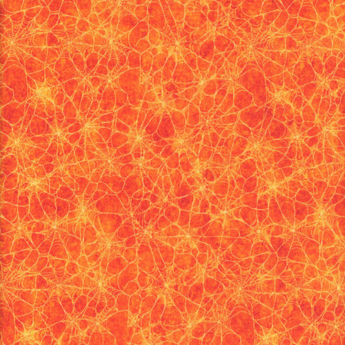 Quilting Treasures Fabrics Witchypoo Dan Morris Orange Spider Webs, a vibrant fabric featuring orange backgrounds with intricate white spider web patterns perfect for Halloween quilting and costume projects.