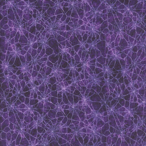 Quilting Treasures Fabrics Witchypoo Dan Morris Purple Spider Webs, fabric with purple spider web pattern on a dark purple background.