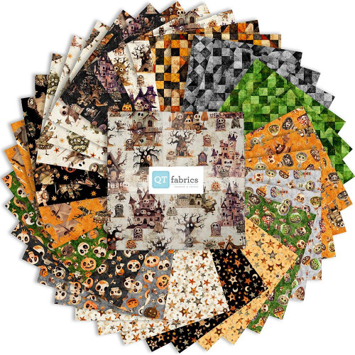 Quilting Treasures Fabrics All American Snowman Dan Morris Layer Cake 10 Inch Squares, Halloween themed fabric package with spooky haunted house, skulls, pumpkins, and ghost patterns.