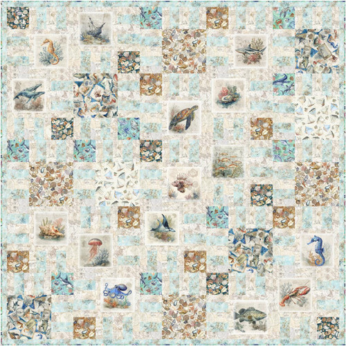 Quilting Treasures Fabrics Nauticus Dan Morris Lost at Sea Quilt Kit, digital image of a marine-themed quilt featuring various ocean creatures and shells in a patchwork design.