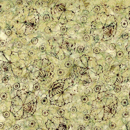 Timeless Treasures Fabrics Ember Tonga Batiks Fern Green Blossoms, batik fabric with green background and butterfly and floral patterns in brown and cream.