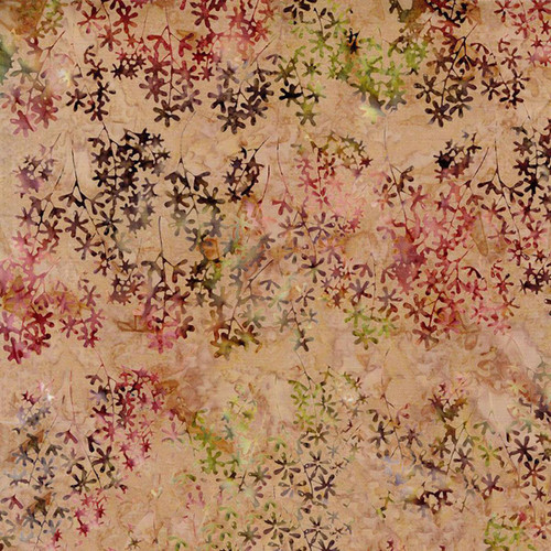 Timeless Treasures Fabrics Riverside Tonga Batiks Apricot Pink Orange Babys Breath, fabric with a floral pattern in apricot, pink, orange, and green hues on a beige background.