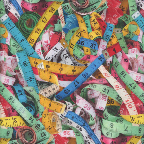 Timeless Treasures Fabrics Sewing Novelties Red Yellow Blue Green Swirling Measuring Tapes, colorful tangled measuring tapes in various sizes and colors.